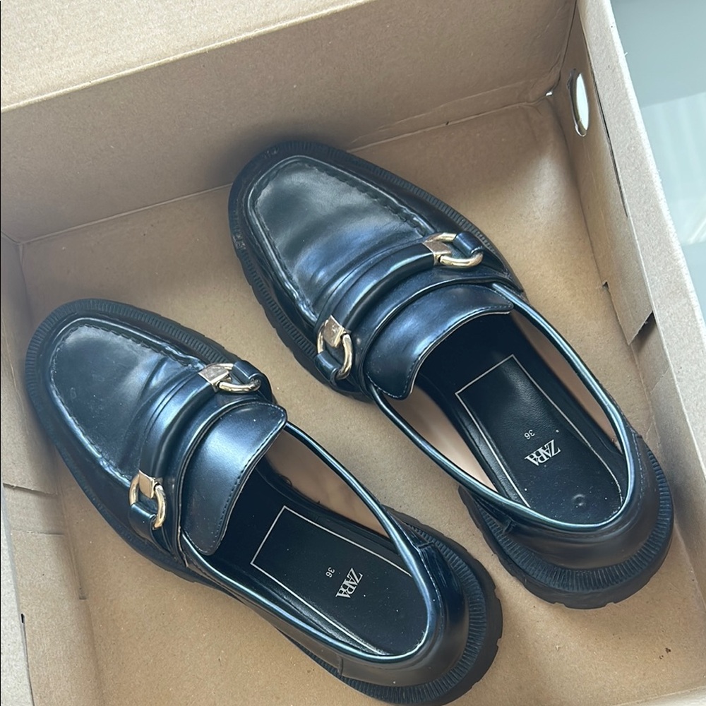 Zara Black Leather Loafers with Metallic Detail